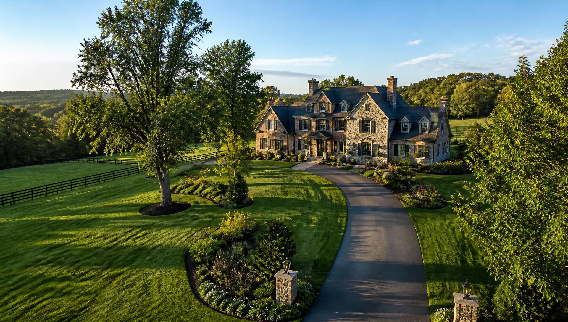 A maintained multi-acre private estate with manicured lawn and landscape beds